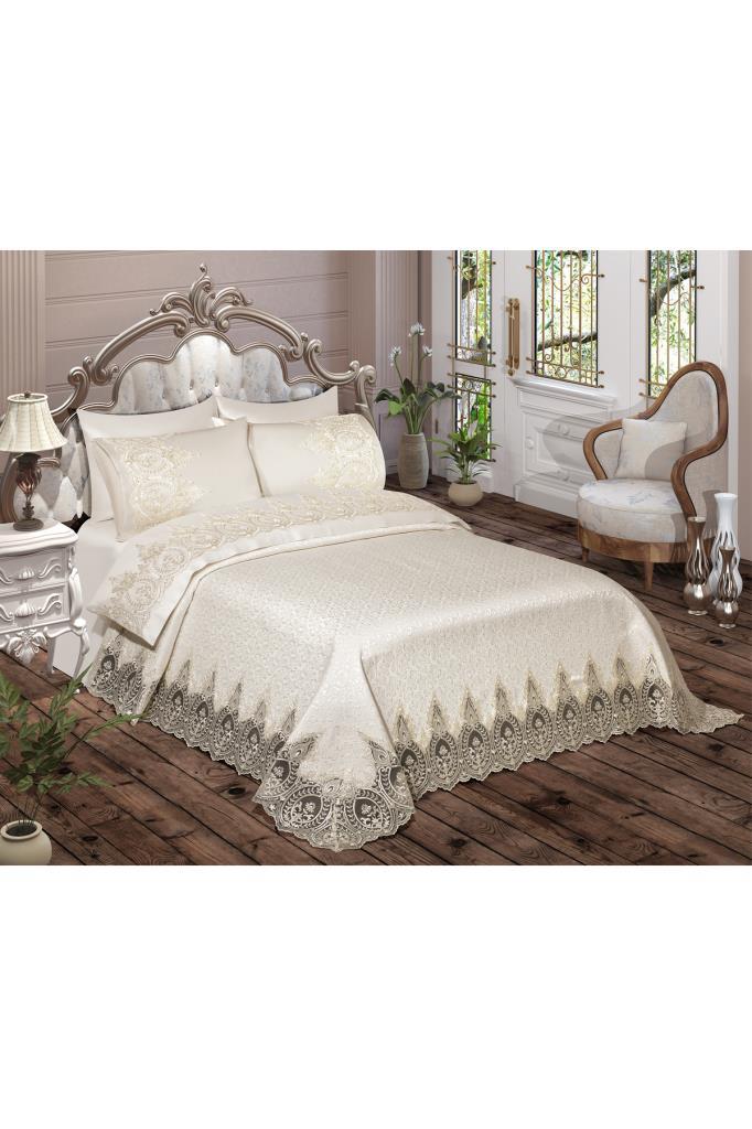 Комплект покрывала Ilaida, покрывало 240х260, простыня 240х260 с наволочкой, парчовая ткань, полный размер, кремовый двойной размер