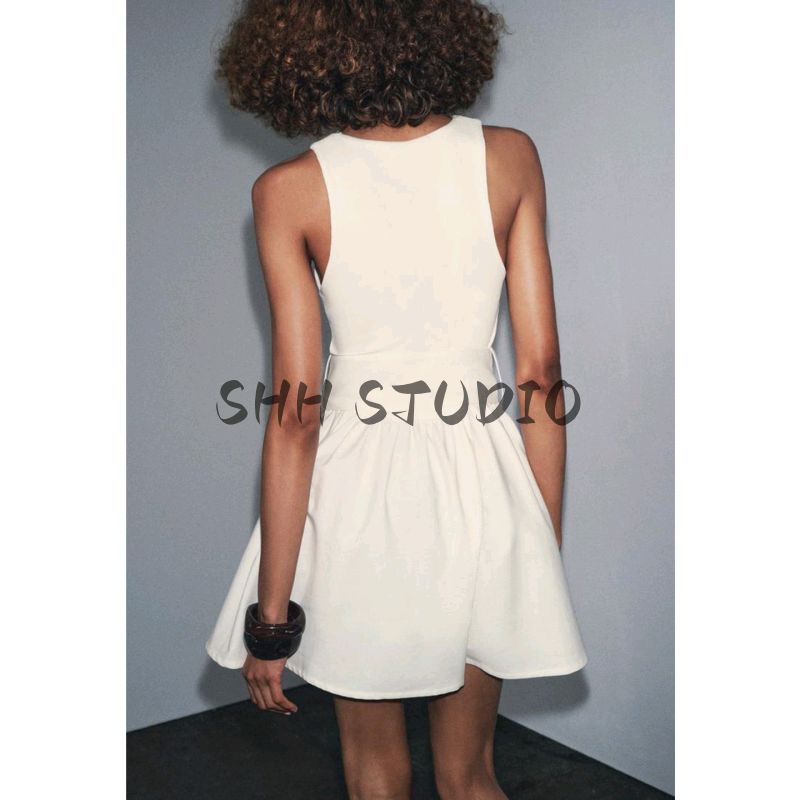 Summer New Product Women's Clothes Minimalist Round Neck Sleeveless with Belt Twill Patchwork Short Dress 0264452