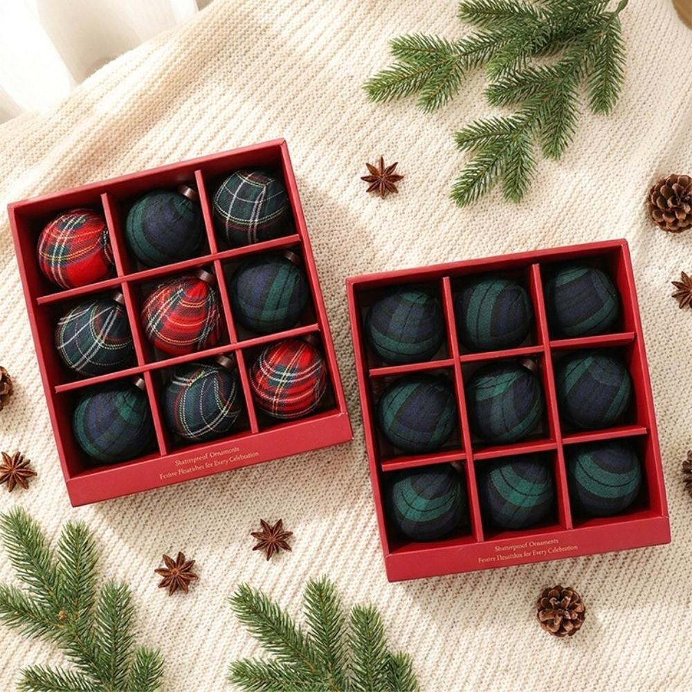9Pcs Vintage Plaid Fabric Christmas Ball Set Plastic Xmas Hanging Balls Kit  Home Decor