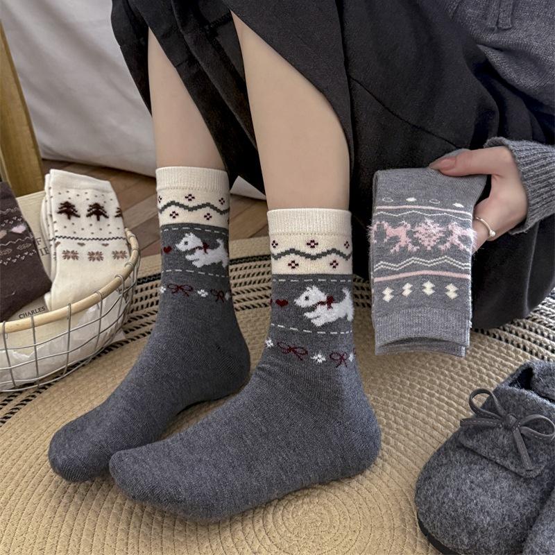 Женские осенне-зимние теплые толстые носки с милым щенком и бантом из шерсти барашка