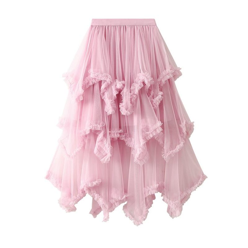 Qooth Women 10 Color Asymmetrical Tulle Ball Gown Skirt Elegant High Waist Fairy Mesh A-line Skirt For Spring Summer QT2126
