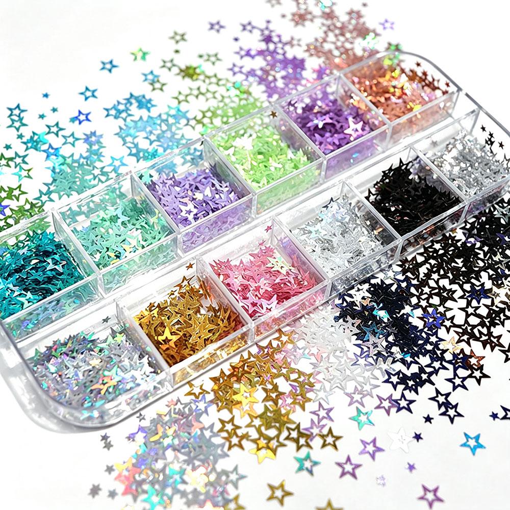 1box 3D Holographic Laser Hollow Star Nail Flakes 12colors Colorful Five-Pointed Star Nail Art Squins Sparkle Star Nail Stickers