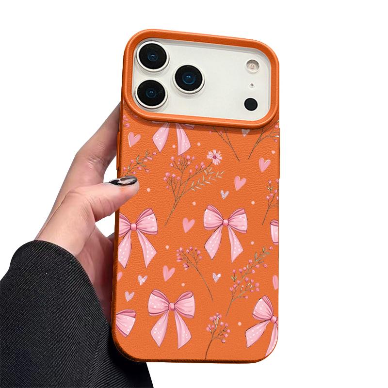 Чехол для iPhone 17 Pro Max Розовые Бантики Цветочный Узор Кожаная Текстура Силиконовая Накладка для iPhone 16 Pro Max 15 14 13 12 11 Air 16E