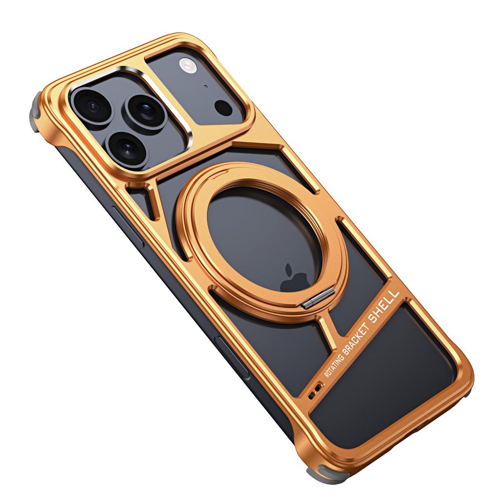 Оранжевый металлический корпус из алюминиевого сплава для iPhone 17 Pro Max 16 15 14 Поворотная подставка Полый магнитный металлический противоударный чехол