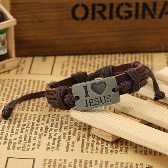 Унисекс I LOVE JESUS Браслет-манжета из искусственной кожи с плетеным шнурком из конопли, регулируемый