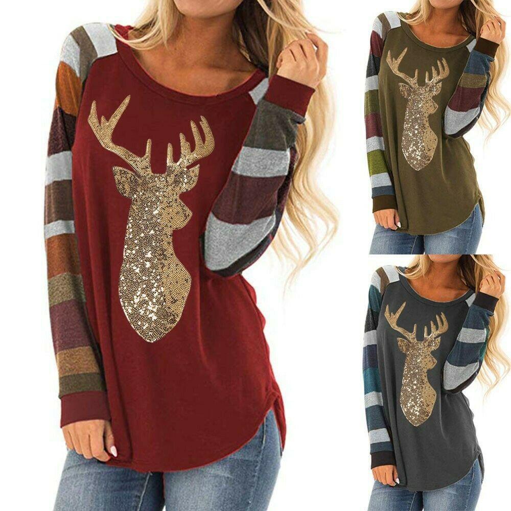 Soft Womens Christmas T-shirt Blouse With Chic Long Sleeves And Reindeer Motif
