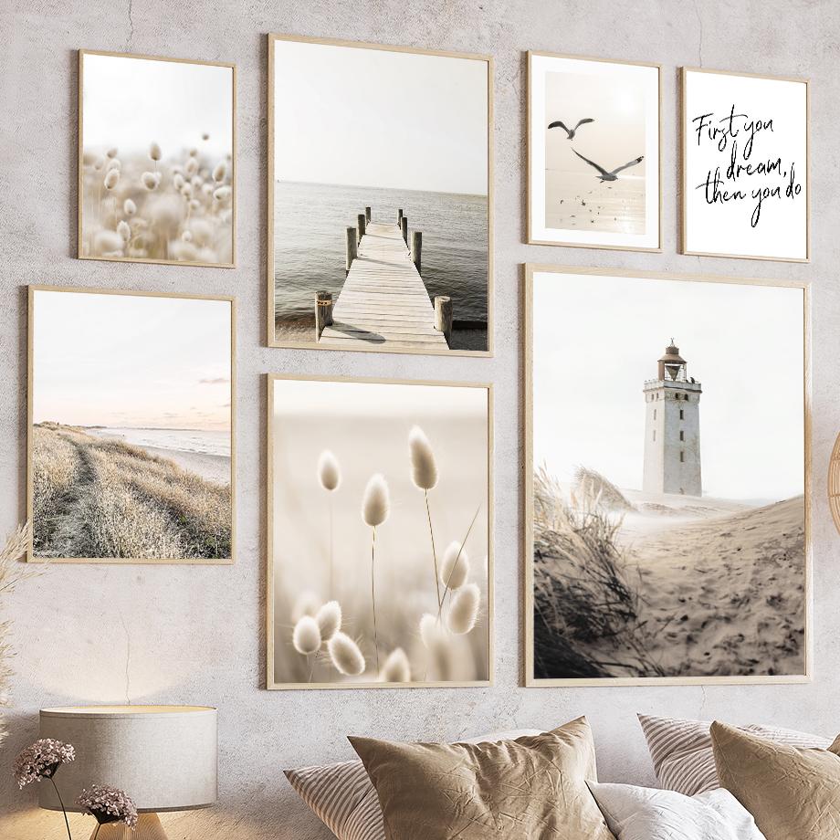 Бежевый Камыш из Морской Травы Одуванчик Линейные Фигуры Настенное Искусство Холст Живопись Постеры и Принты Картинки для Отеля Бара для Декора Гостиной