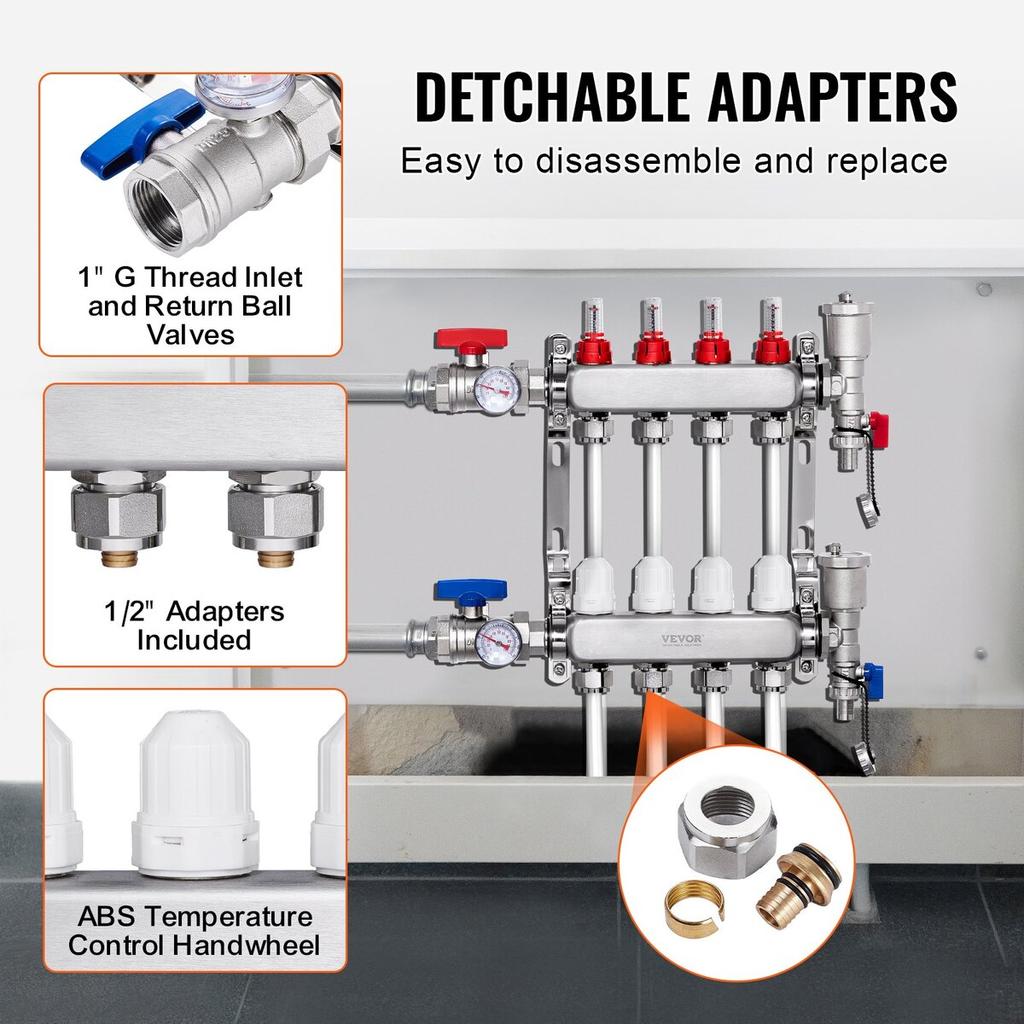 4-Branch Radiant Heat Manifold 1/2" PEX Tubing Floor Heating Manifold Set