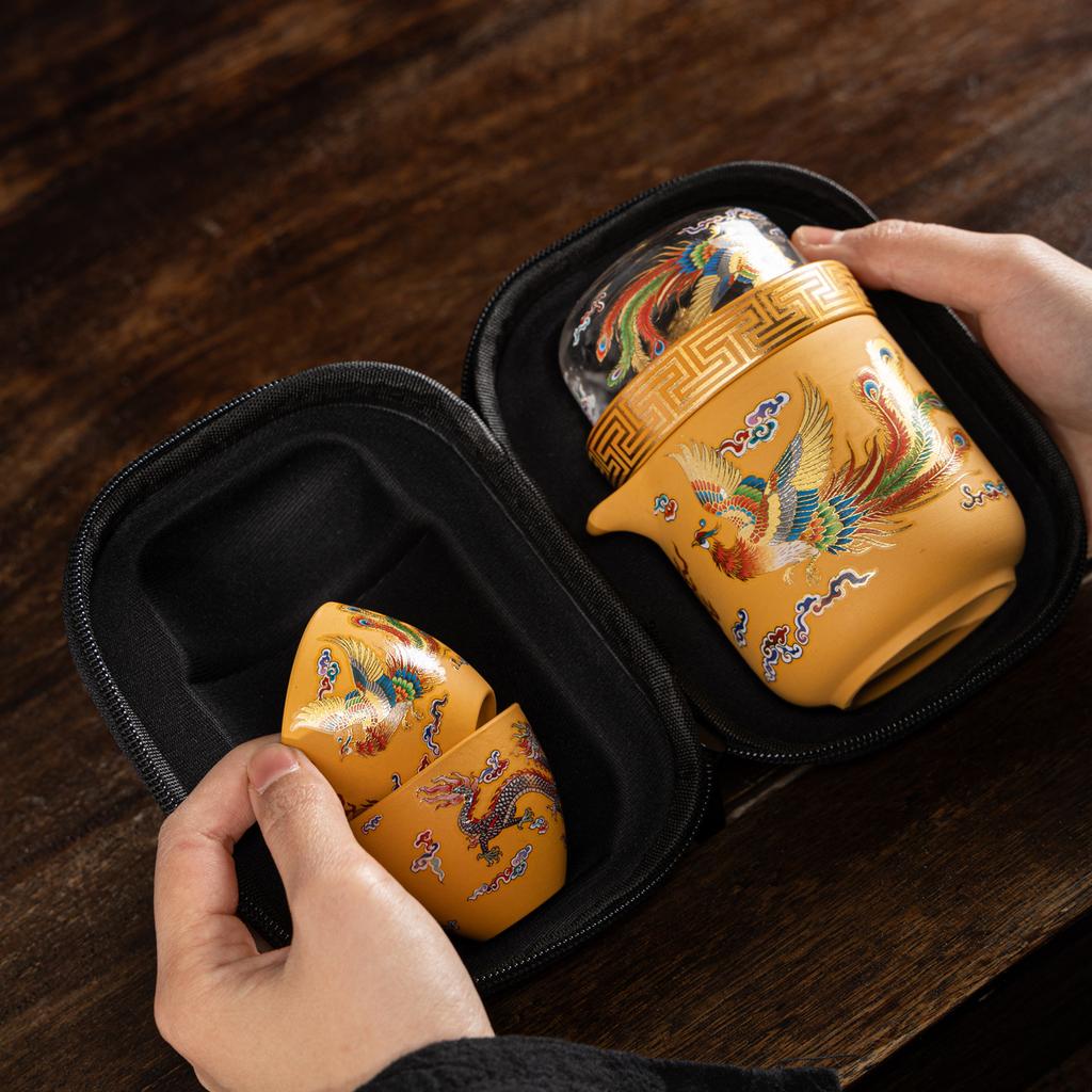High-end gold segment mud travel tea set, express cup car camping, one pot, three cups of business gifts, souvenirs