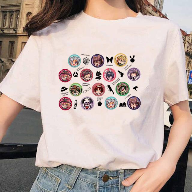 Футболка для женщин с забавным принтом в стиле аниме Bungou Stray Dogs Harajuku, повседневная женская футболка с коротким рукавом и круглым воротником для девочек, Прямая поставка