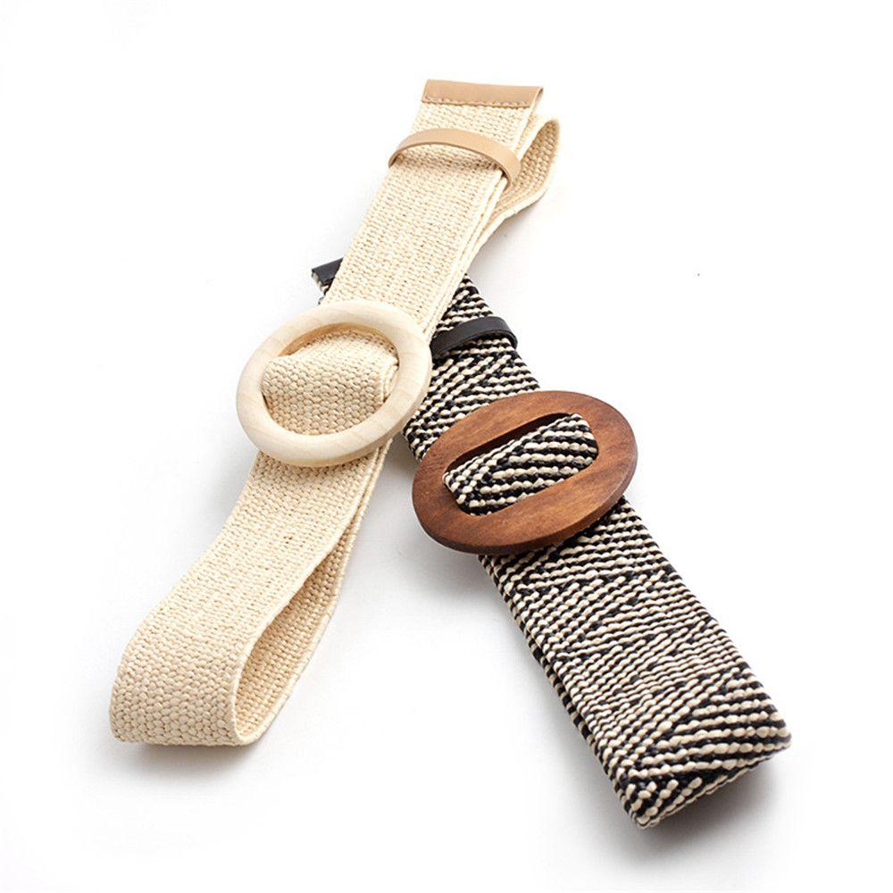 Summer Wide Bohemian Waistbelt Straw Belt Wooden Buckle Elastic