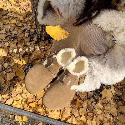 [sheii] версия из натуральной шерсти~ ретро кожаная внутренняя высота увеличение пух одинарная обувь женская сумка голова полусабо