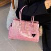 Light Luxury Crocodile-print Handbag For  Girls Pink Heart Pattern Shoulder Bag Trendy High-grade Large Capacity Commuter Bag
