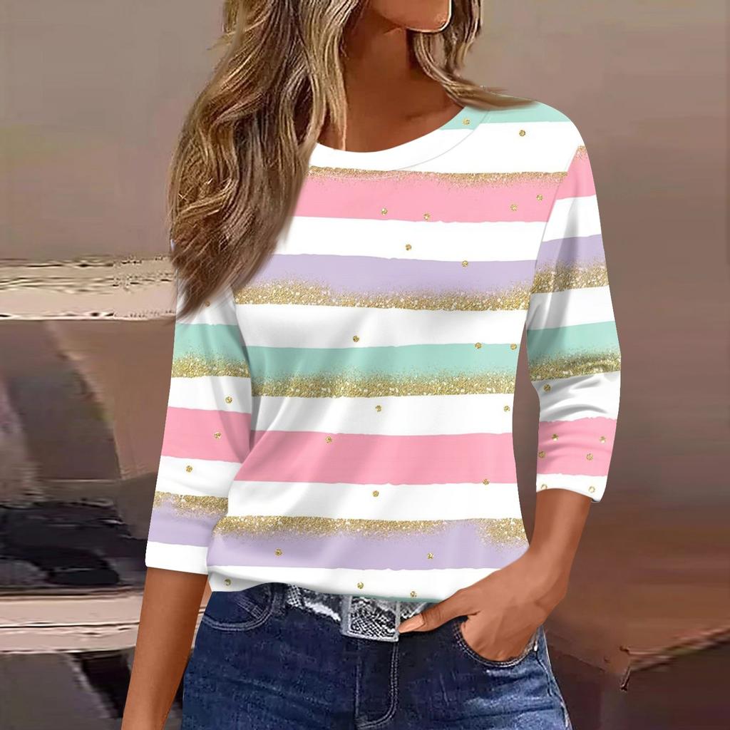 Женская модная повседневная свободная футболка с круглым вырезом и рукавами 3/4 с принтом, женский топ