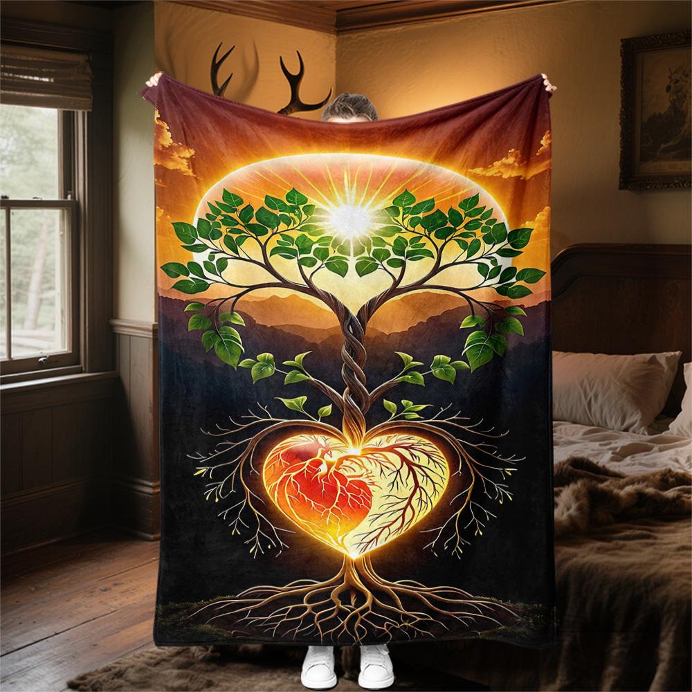 1pc Tree Heart Outdoor Flannel Blanket Soft Warm All-Season Throw for Sofa Bed Car Camping Office, Cozy Gift Idea1133S