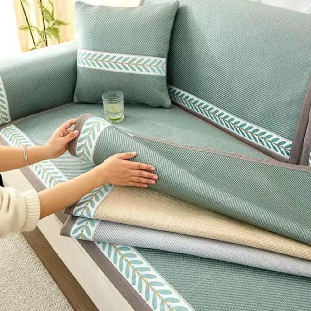 Wormwood Sofa Cover Wormwood Rattan Mat Sofa Cushion Ice Floss Antiskid Ventilate Exquisite Embroidery Sofa Towel Widen Binding
