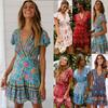 Women's Holiday Bohemian Print Mini Dress Ladies V Neck Summer Beach Sundress