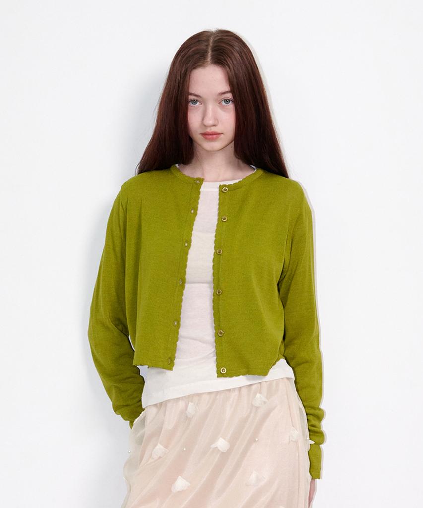 OPENING SUNSHINE Sheer Scallop Linen Cardigan Olive