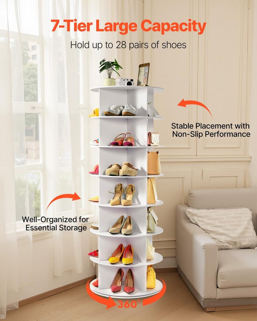 7 Tiers Rotating Shoe Rack Tower, 360° Spinning Shoe Rack, Revolving Storage Round Carousel Display, Freestanding Lazy Susan Organizer Display for