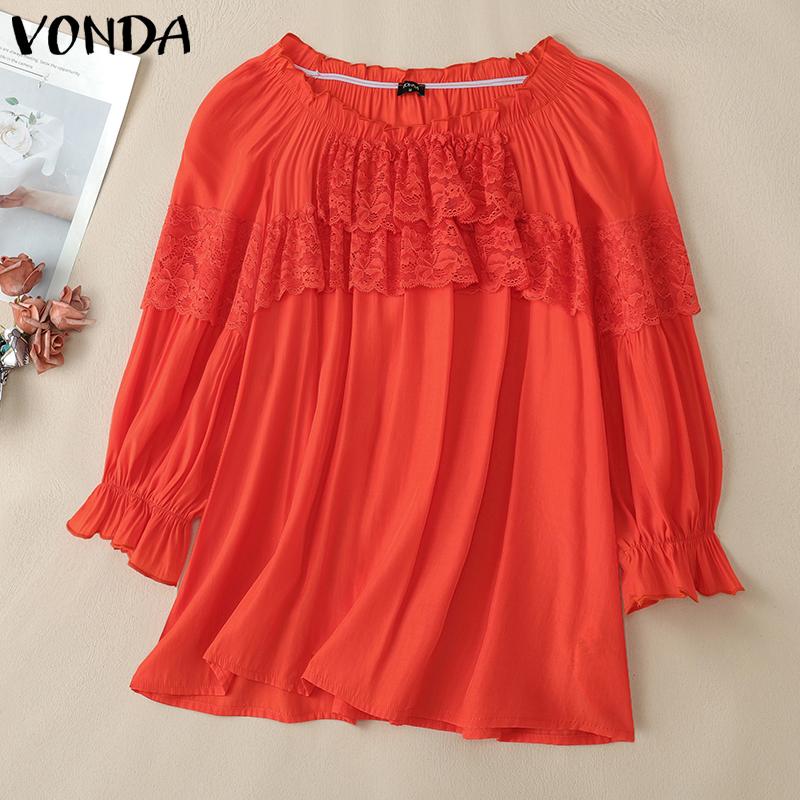 VONDA Женская летняя блузка свободного покроя с круглым вырезом и рукавами 3/4 в стиле пэчворк с оборками