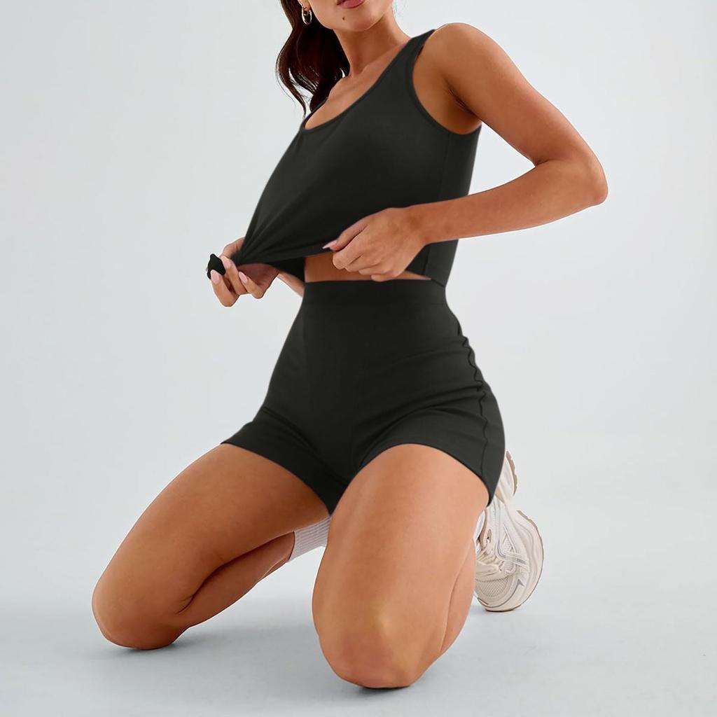 Женские комплекты из 2 предметов, летние шорты для тренировок, одинаковые комплекты, облегающие укороченные топы на бретелях, одежда для спортзала на выход