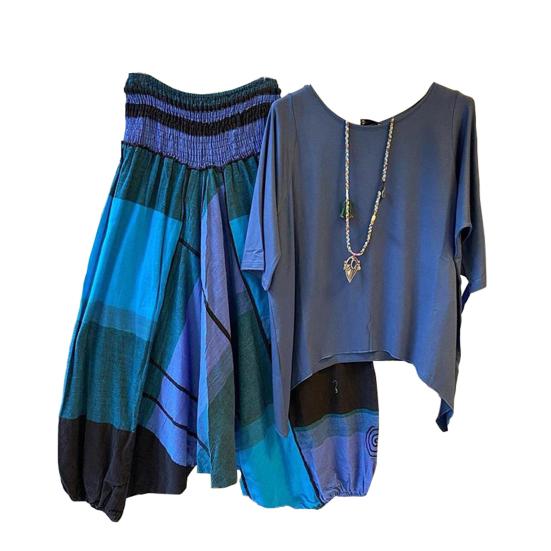 1 комплект, футболка, брюки, клетчатый узор, эластичный пояс, летняя блузка с неровным подолом, широкие брюки, уличная одежда