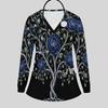 Women Plus Size V Neck Long Sleeve Printed Scrub Top Black Gold Floral With Front Pockets