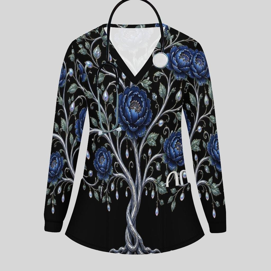 Women Plus Size V Neck Long Sleeve Printed Scrub Top Black Gold Floral With Front Pockets