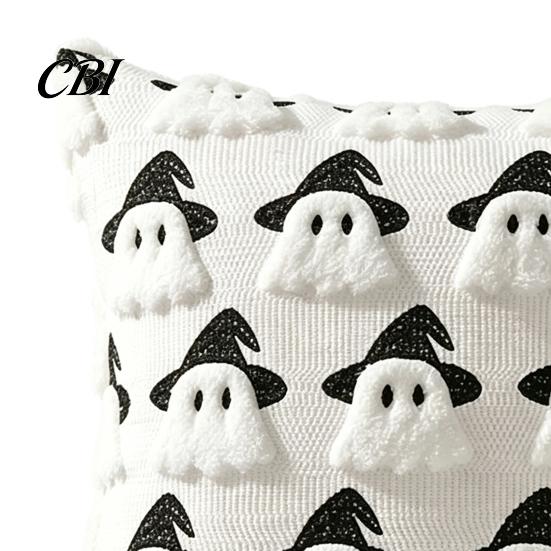 Spooky Halloween Party Supplies Wizard Ghost Cushion Cover, Cute Plush Throw Pillow Black And White Case for Sofa Couch Living Room Decor Theme