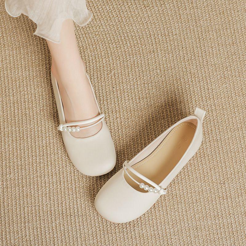Ladies Footwear Round Toe Low Heel Elegant Pearl Beige Women's Flat Shoes Spring Vacation Summer 2026 Quick Delivery on Sale