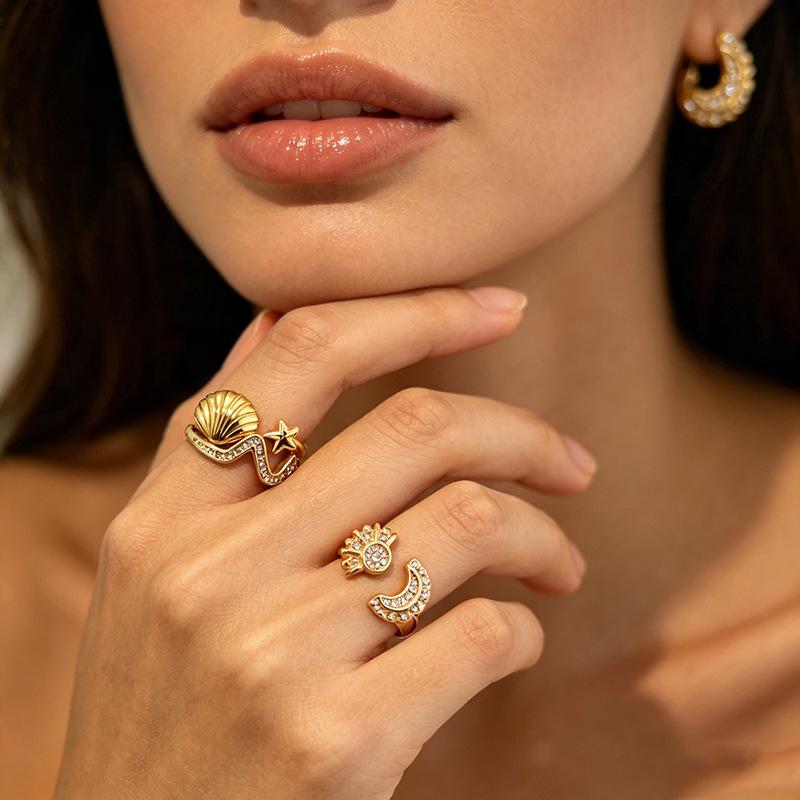 Stainless Steel Rhinestone Ring Women Sun Moon Shell Line Layered Open Ring Fashion Beach Vacation Style Jewelry Accessories