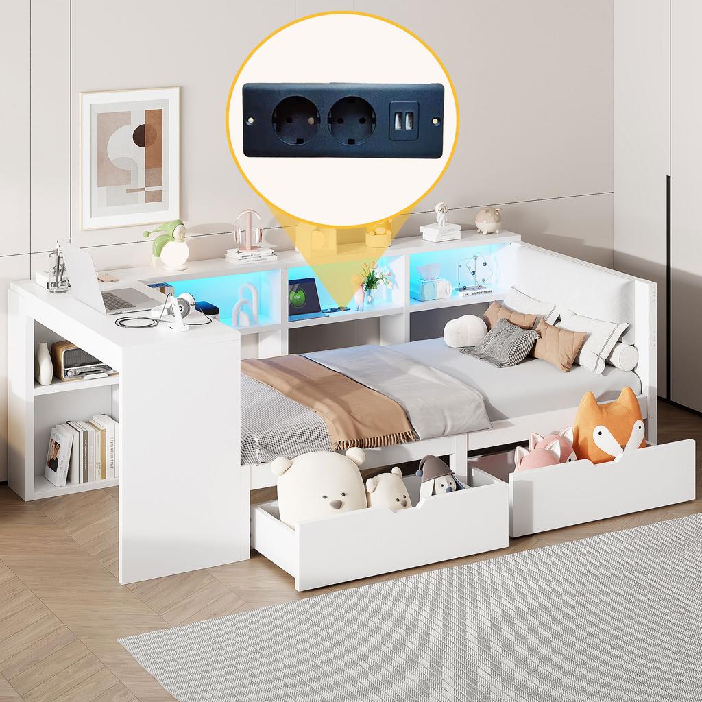 90x200 Wood Platform Bed with Shelves, Drawers, Charging Station and Upholstered Headboard, With Colorful LED Lights, White