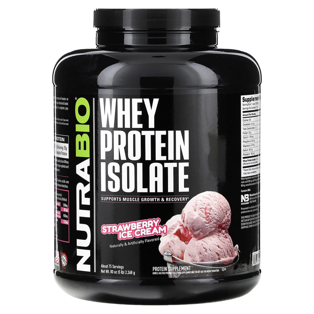 NutraBio Whey Protein Isolate, Strawberry Ice Cream, 2,268 G (5 Lb)