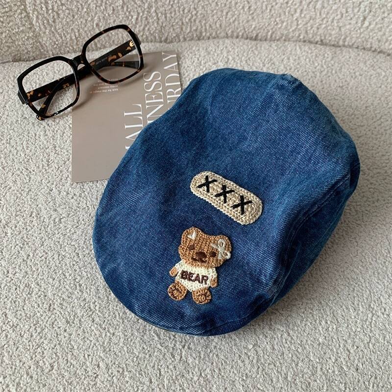Милая джинсовая шляпа с нашивкой в виде медведя, женская ретро-многофункциональная шляпа с лицом, маленькая потертая шляпа старого художника