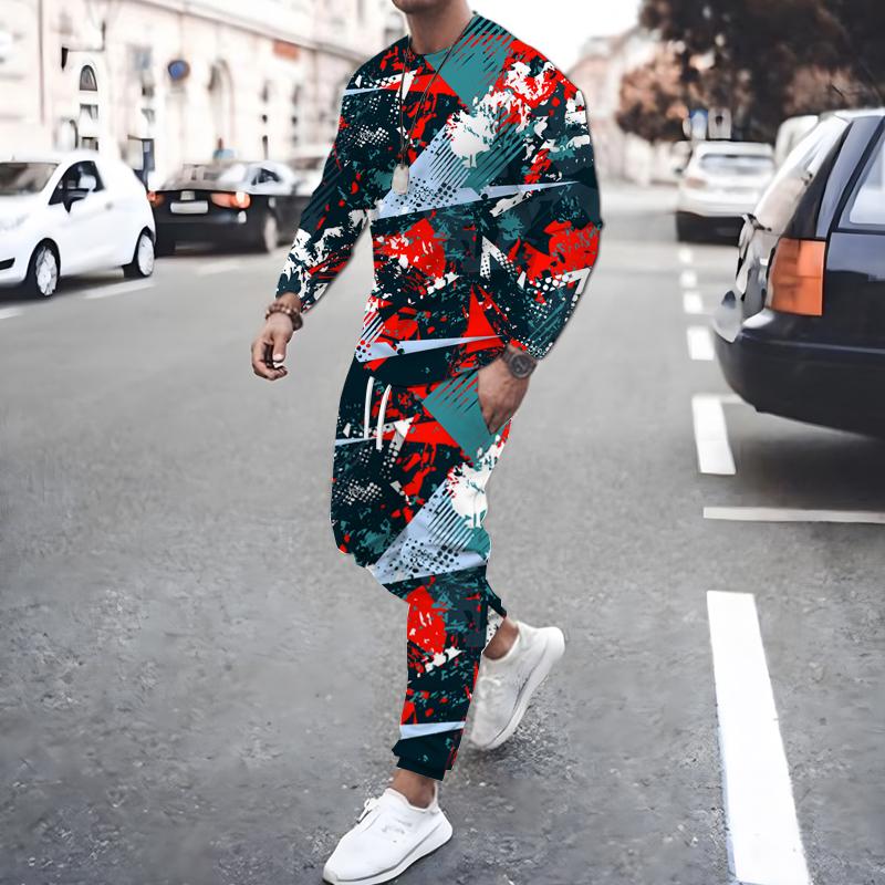 Spring Fall 3D Printed Square Graffiti Pattern Men's Long Sleeve Suit Fashion Casual Street O Collar Sweatshirt And Pants Suit