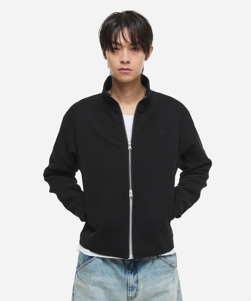 DNSR Fingerhole Crop Waffle Zip-Up Black