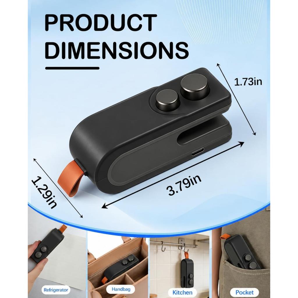 3-in-1 Mini Bag Sealer with Cutter and Magnet,Rechargeable Handheld Bag Sealer,Portable Heat Sealer for Heavy-Duty Plastic Snack & Chip Bags, Food