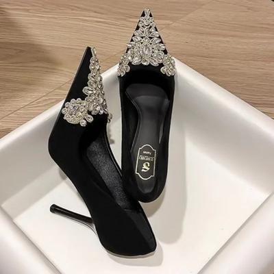 Мода Осень Мода Женская Обувь Бархат Тонкий Каблук Острый Носок Лодочки Роскошные Блестящие Сандалии Свадебная Вечеринка Блестки Бриллианты Высокие Каблуки