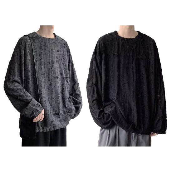 Мужская футболка с круглым вырезом, длинным рукавом, рваными отверстиями, однотонный джемпер, топы в уличном стиле, базовый слой, уличные топы