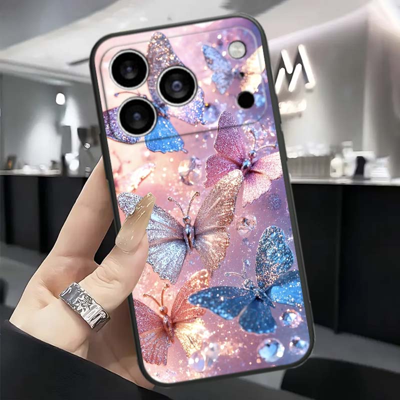 Чехол для телефона с узором «Цветок бабочки» для Apple iPhone 17 16 16E 15 14 13 12 11 Pro Max Plus Черный Мягкий Силикон