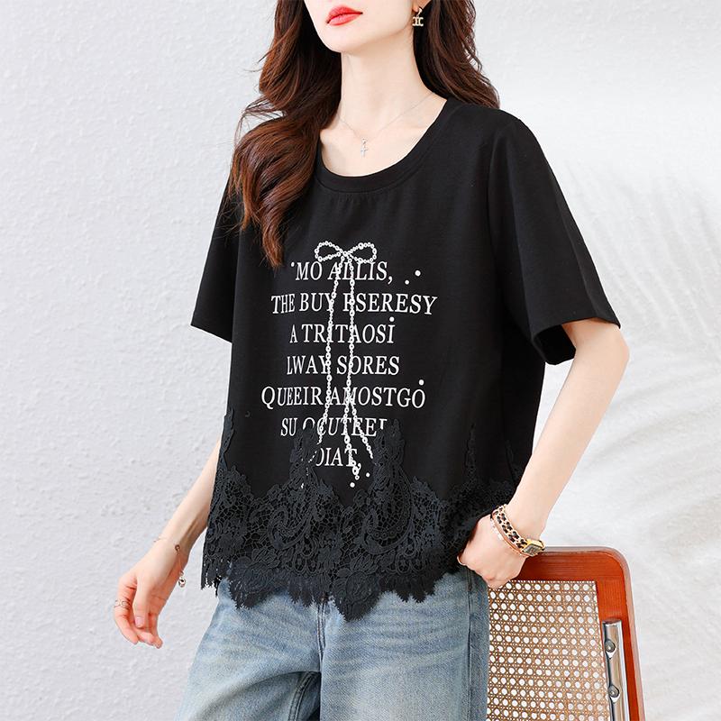 Dimanaf 2025 Новые летние футболки больших размеров с коротким рукавом и круглым вырезом, однотонные свободные черные кружевные топы, футболки