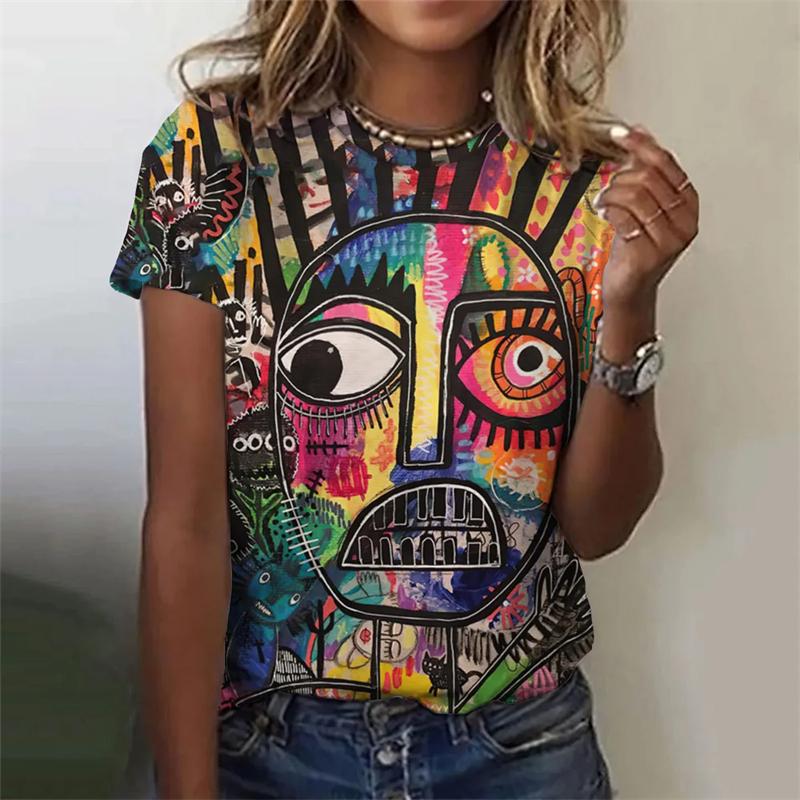 Абстрактная женская футболка с принтом лица в виде 3D-абстракции, повседневная свободная футболка Harajuku с круглым вырезом и коротким рукавом для женщин
