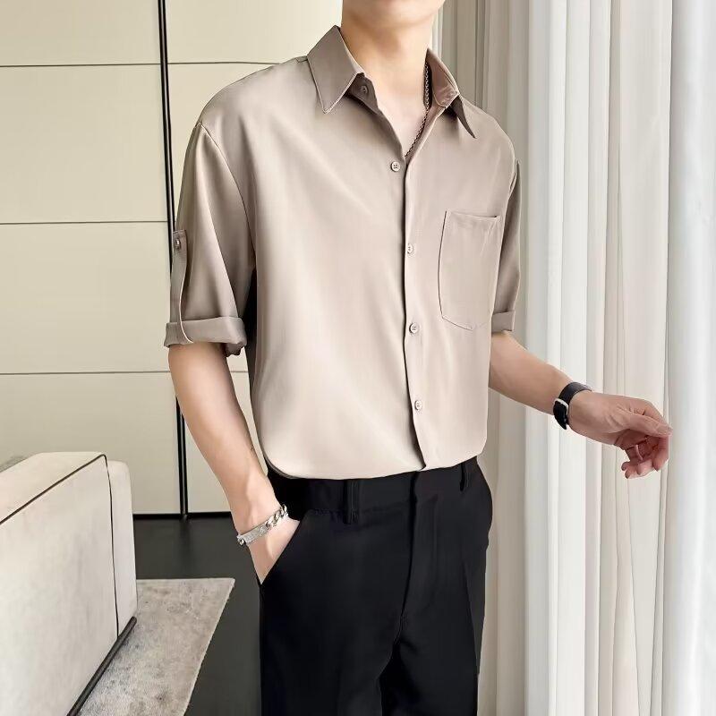 Ice Silk Short Sleeved Shirt For Men In Summer, Loose Plus Size Five Inch Sleeve Shirt, No Ironing And Wrinkle Resistance