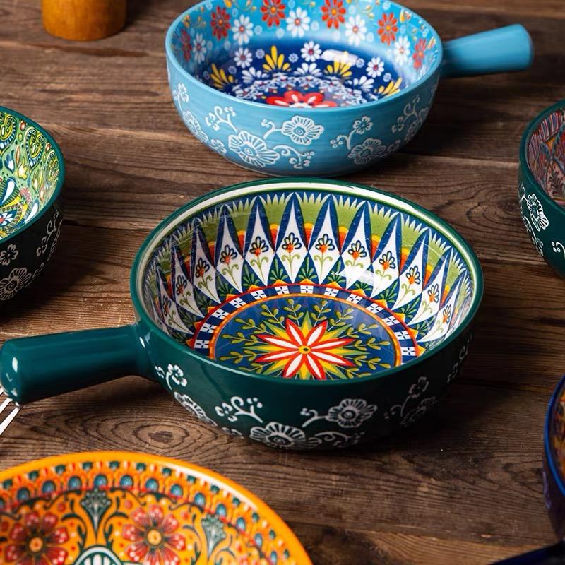 Bohemian Ceramic Handle Bowl, Home Creative Fruit Salad Bowl, Instant Noodle Bowl With Handle, Oven Baking Bowl, Heat-Resistant