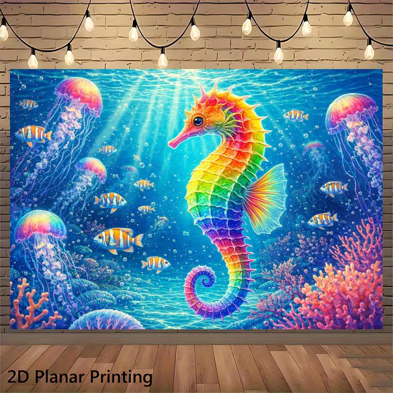 2D Ocean Themed Party Backdrop, Rainbow Seahorse Coral Reef Photo Booth Background Banner
