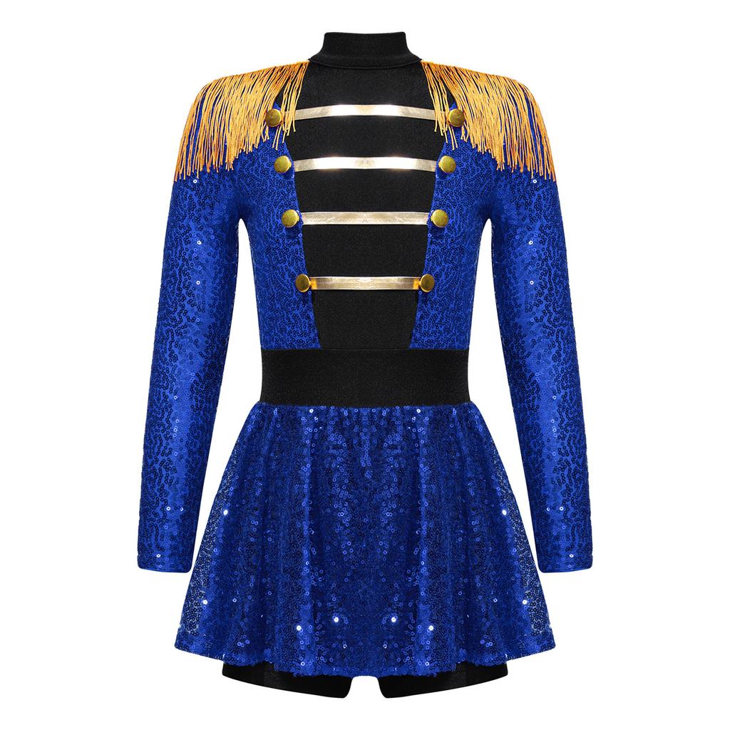 Girls Ringmaster Circus Costume Long Sleeve Tassel Epaulet Shiny Sequins Design Jumpsuit Dress