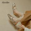 Fashion French Rhinestone Strap Sequins Women Square Toe Shoes Mary Jane's Sandals Thick Low Heel Pumps Slingback Women Sandals Size39