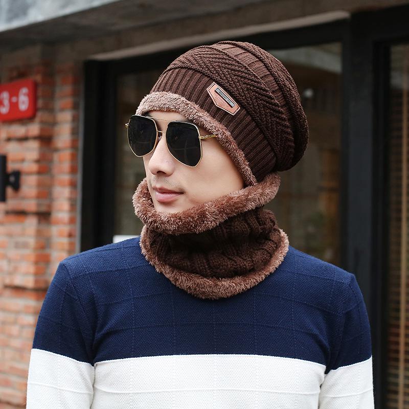 Korean Men's Hat Neck Scarf Sets Velvet Cycling Cover Warm Windproof Hat Winter Woolen Hats Two Piece Scarf Set