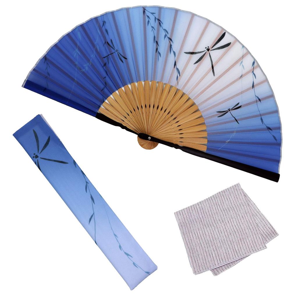 Fan Fan Set with Dragonfly Light Blue [Osaka Choseido] Fan, Men's, Fashionable, Business, Bag, Holder, Handkerchief, Long,