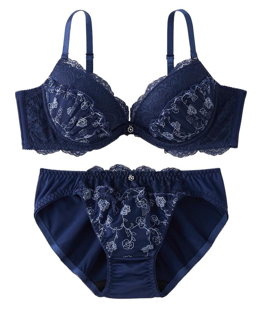 Inner Small Floral Embroidered Lace High Side Bra and Shorts [Nissen] Women's Set, Set, Navy, G85/LL